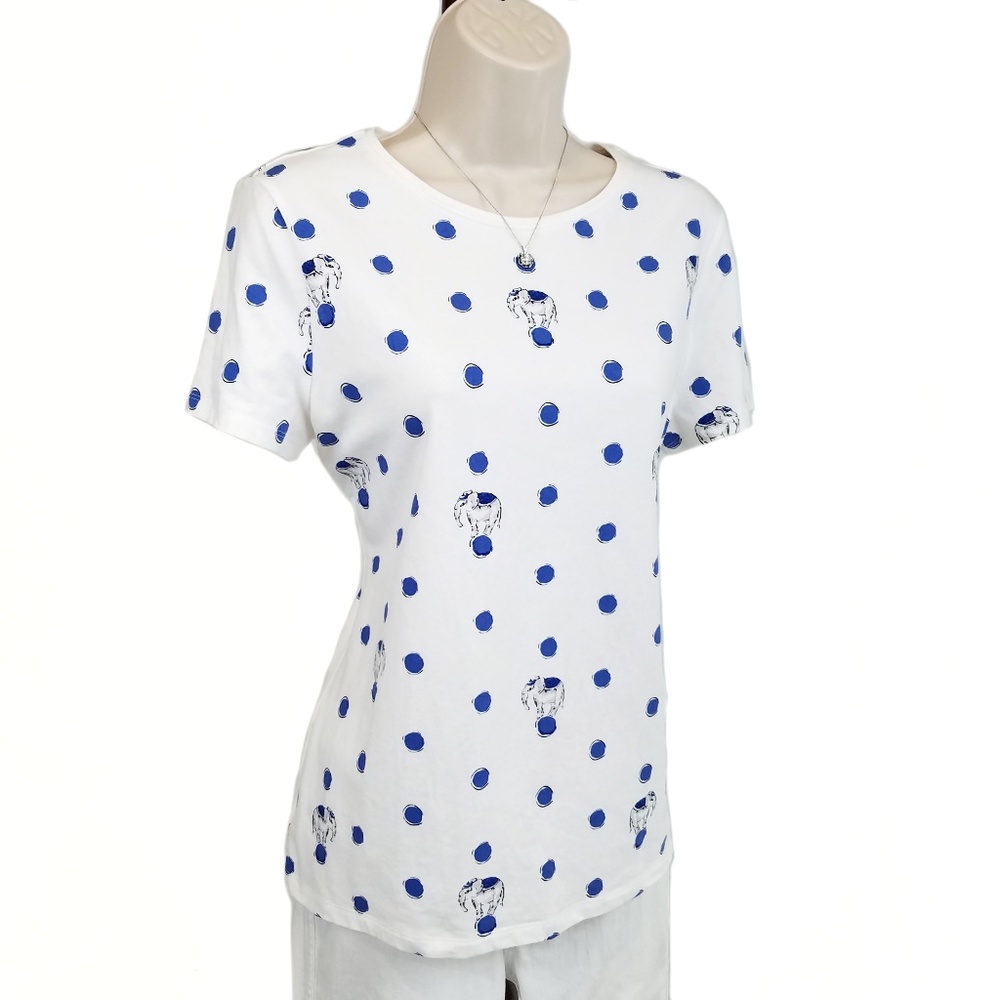 Talbots top polka dot elephants white blue M